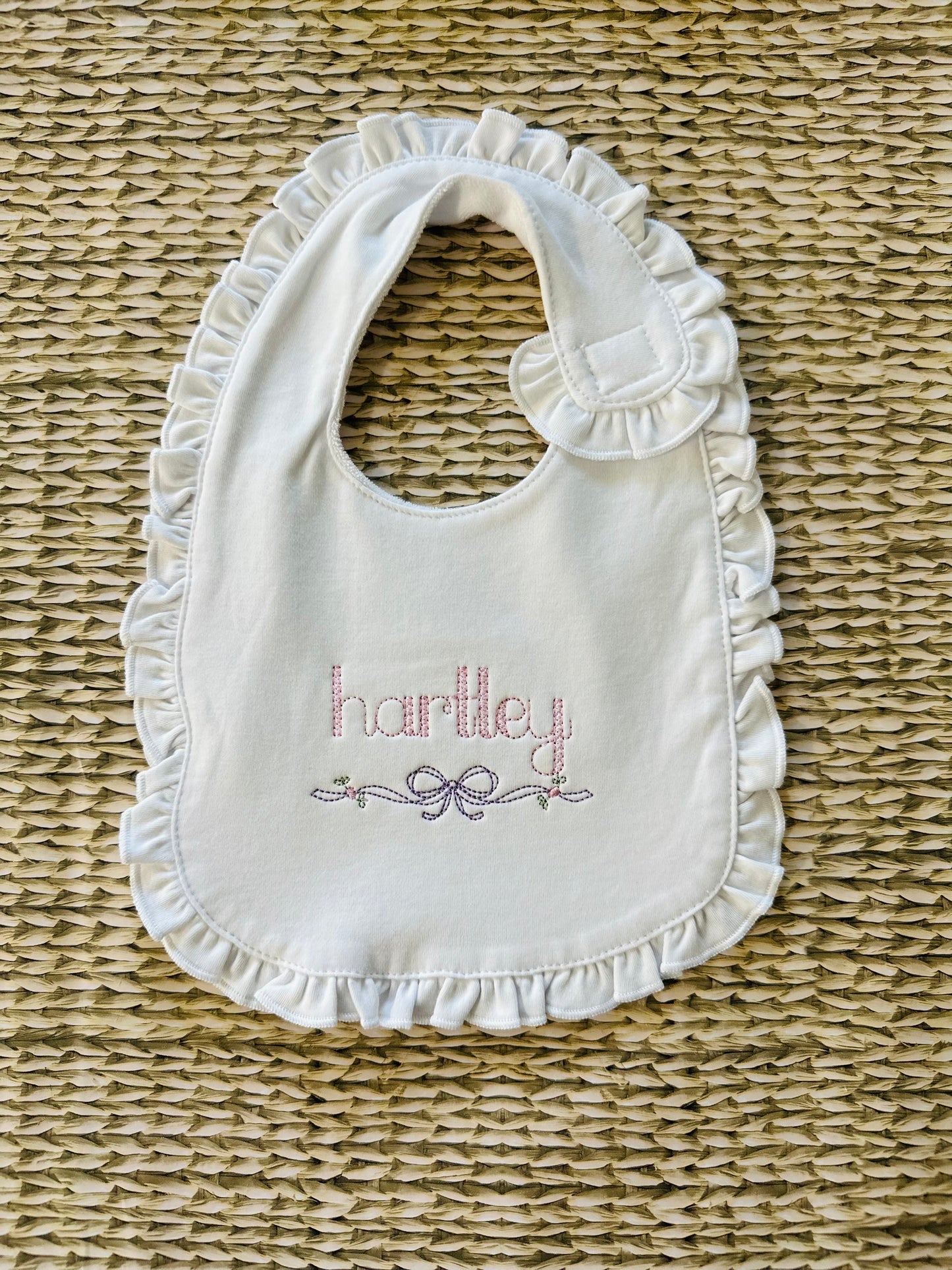 Heirloom bow name ruffle bib