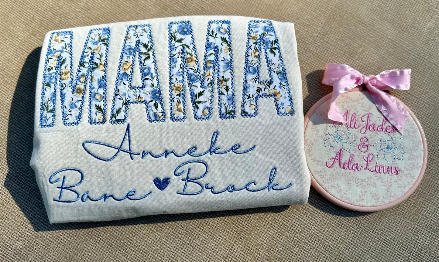 Blue and yellow floral mama applique tee or sweatshirt