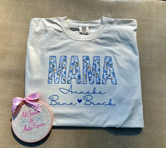 Blue and yellow floral mama applique tee or sweatshirt