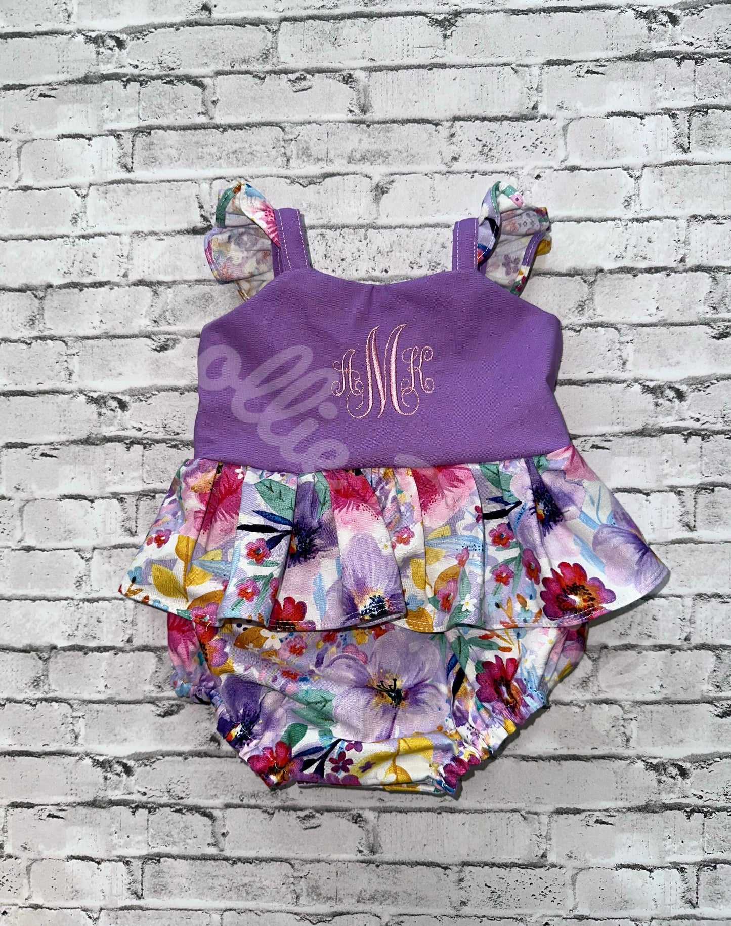 Monogramed lavender floral romper