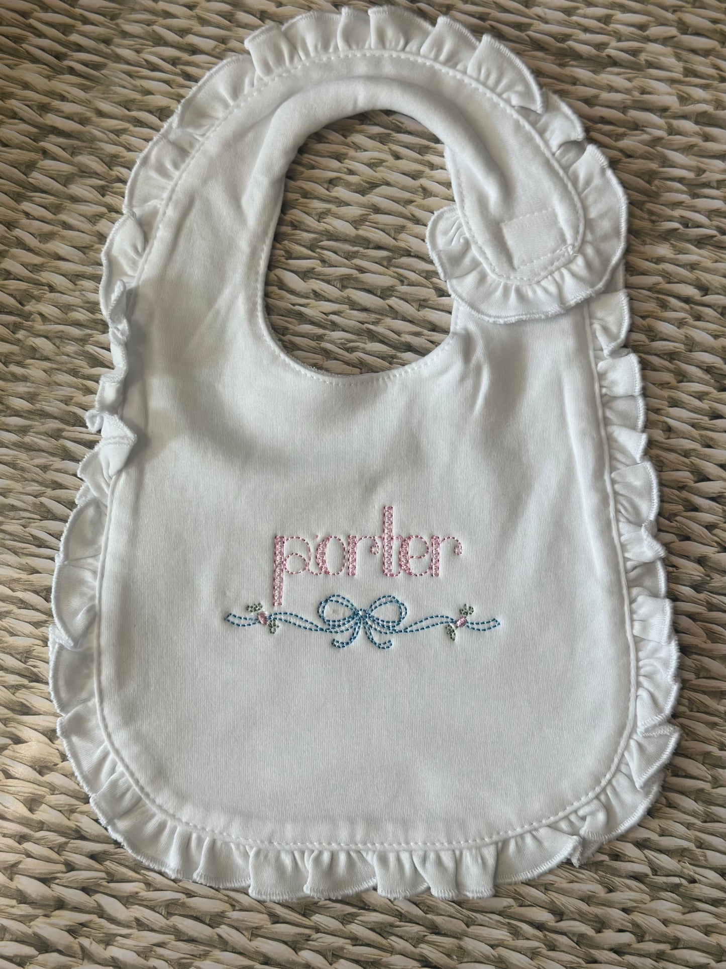 Heirloom bow name ruffle bib