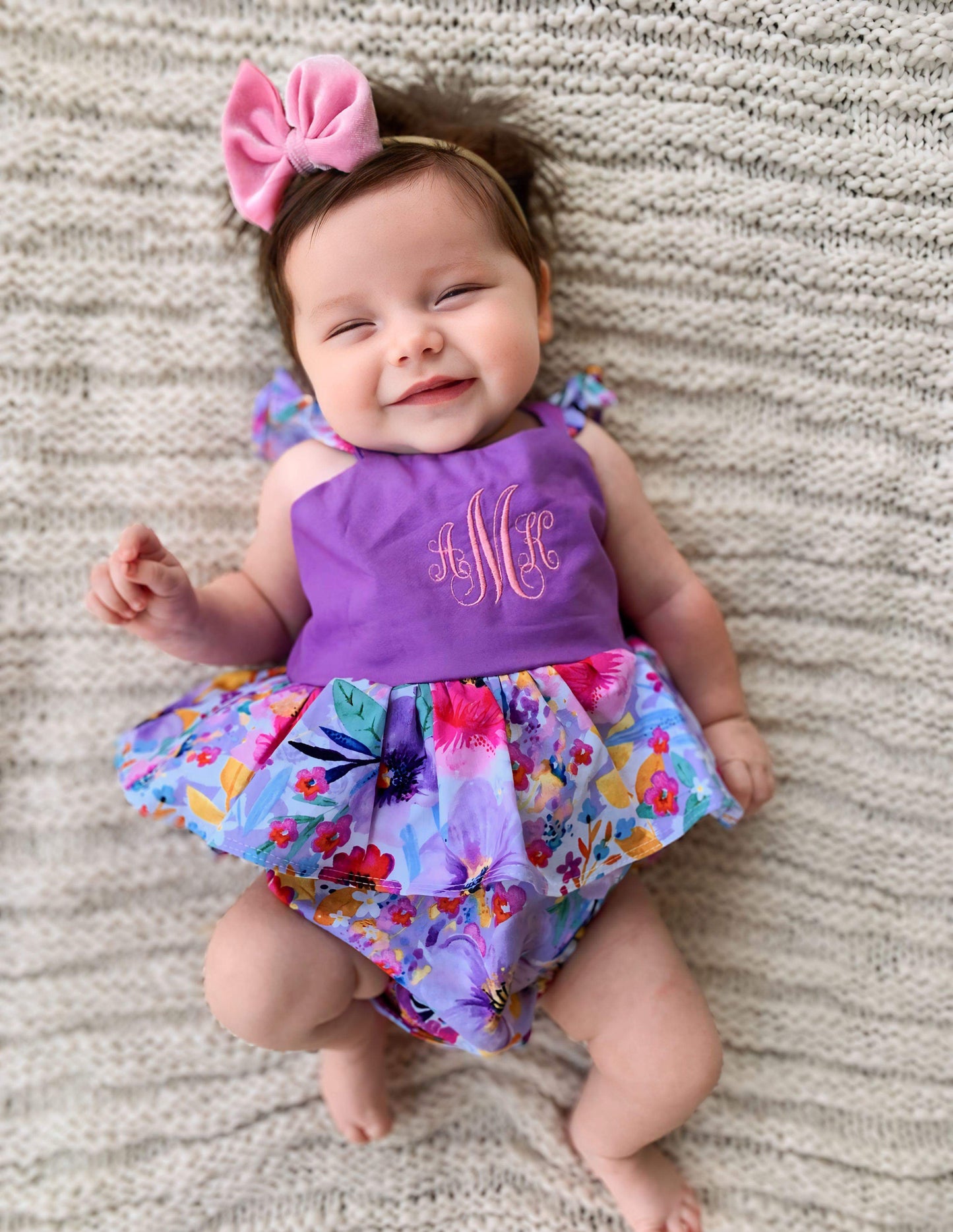 Monogramed lavender floral romper