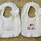 Heirloom bow name ruffle bib