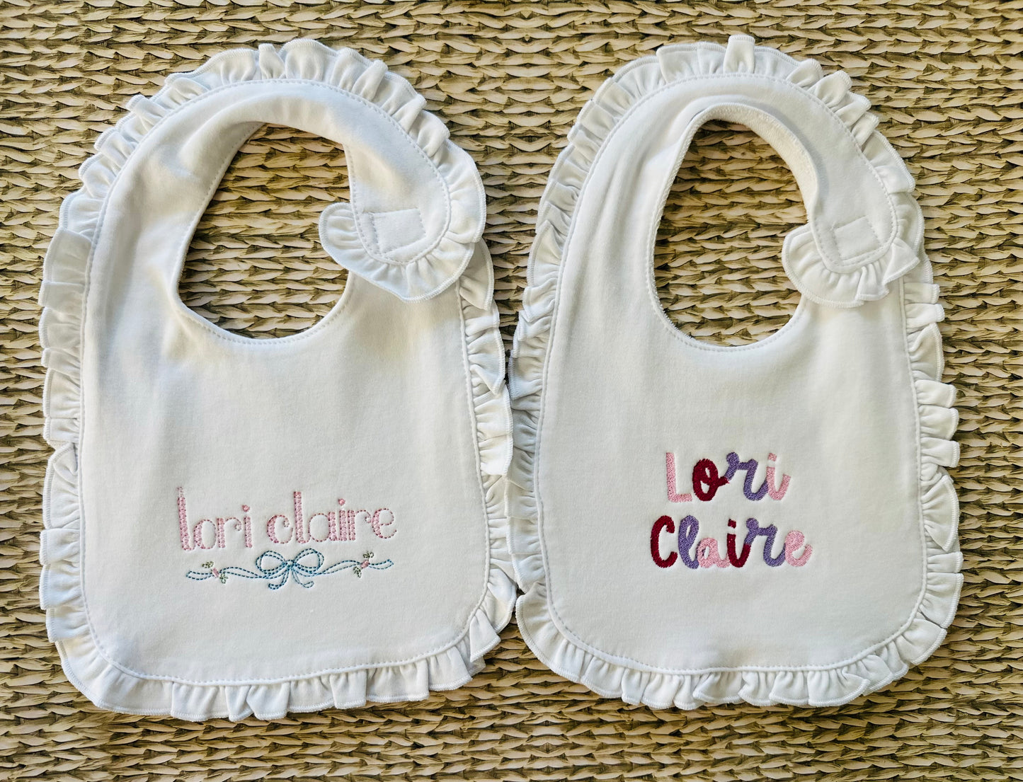 Heirloom bow name ruffle bib