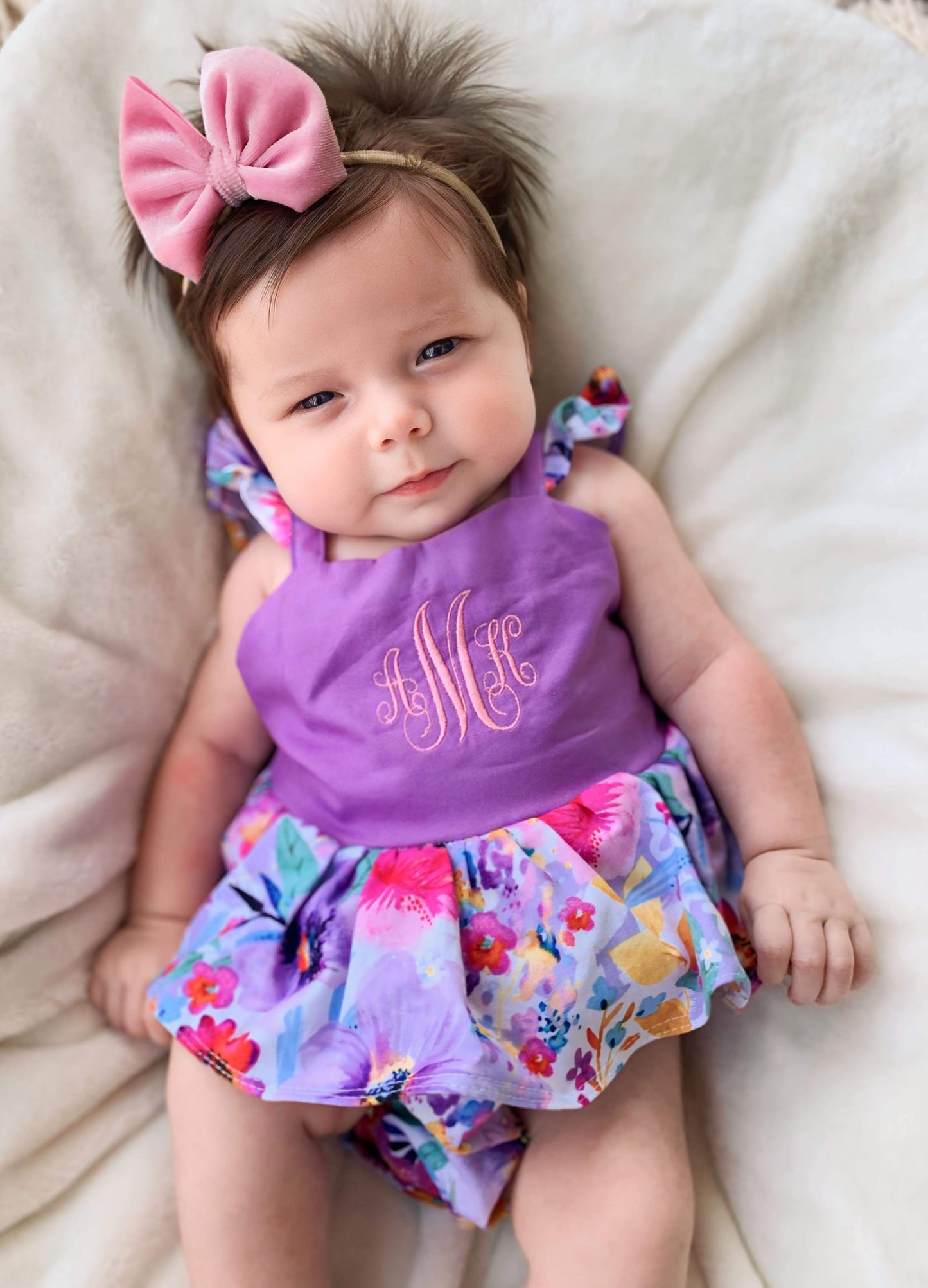 Monogramed lavender floral romper