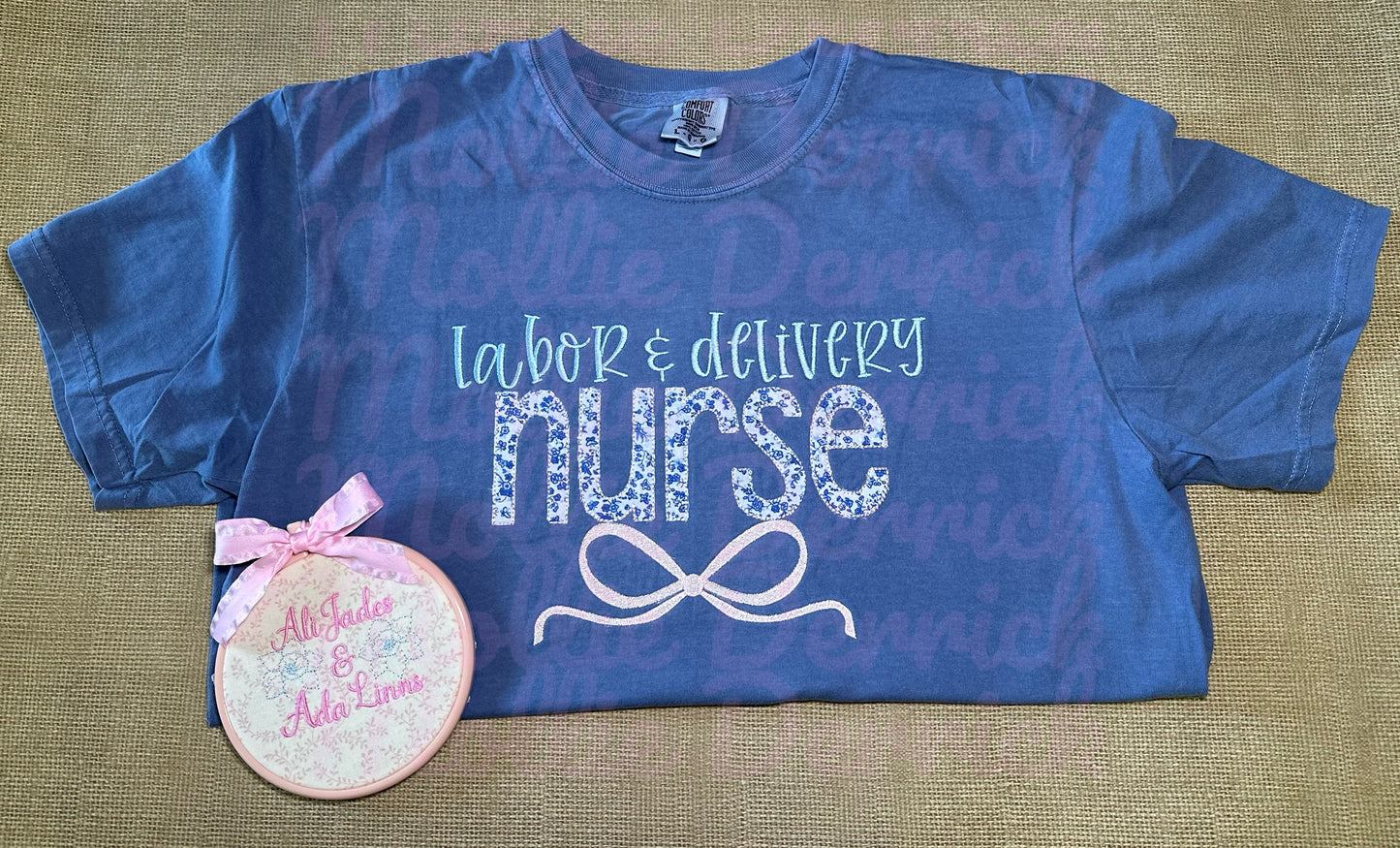 Floral appliqué Labor and Delivery, L&D Nurse embroidered bow tee or sweatshirt