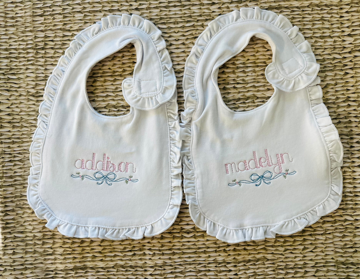 Heirloom bow name ruffle bib