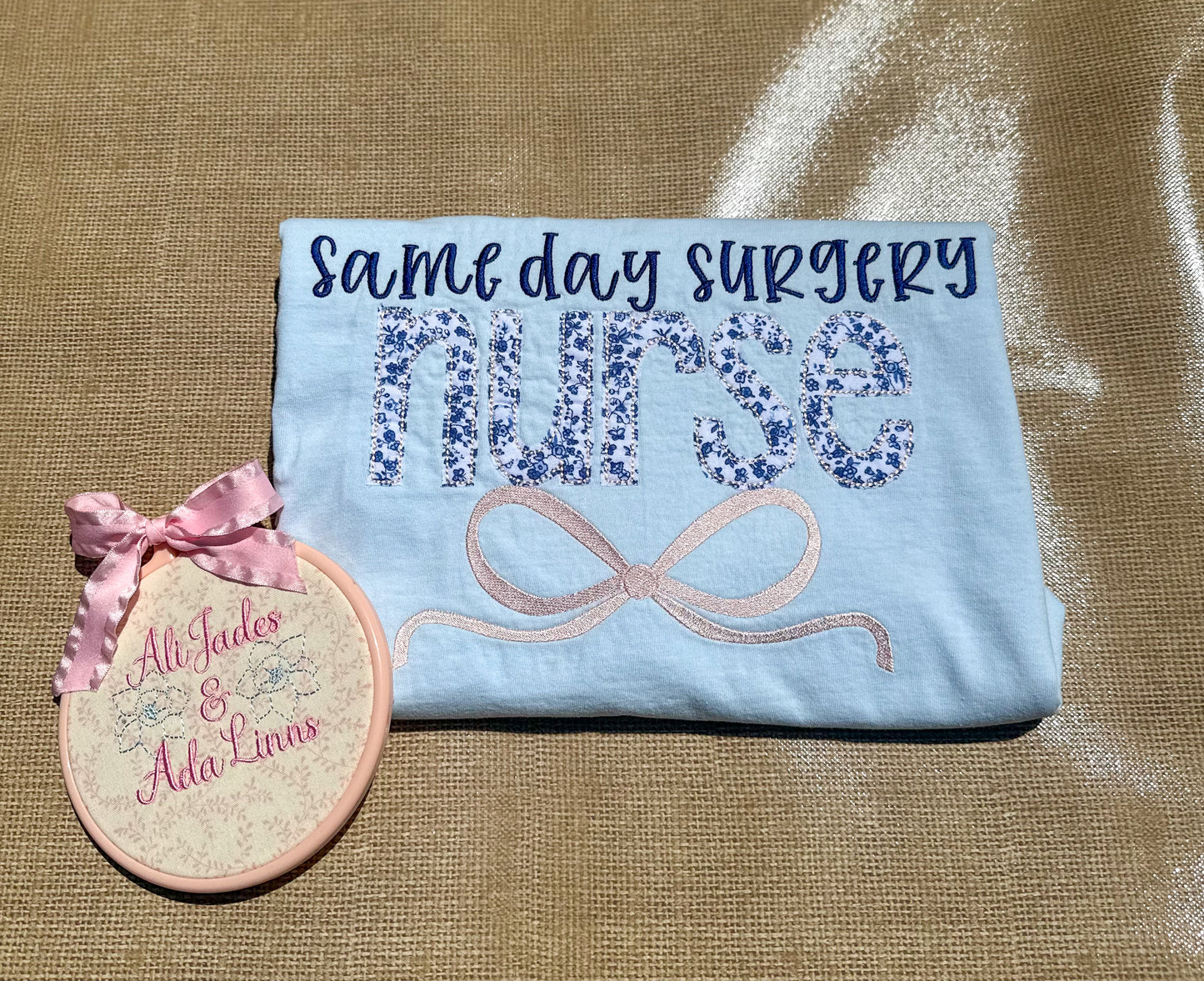 Floral appliqué same day surgery Nurse embroidered bow tee or sweatshirt