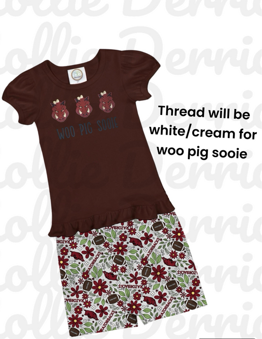 Embroidered Hog Ruffle tee and biker short set