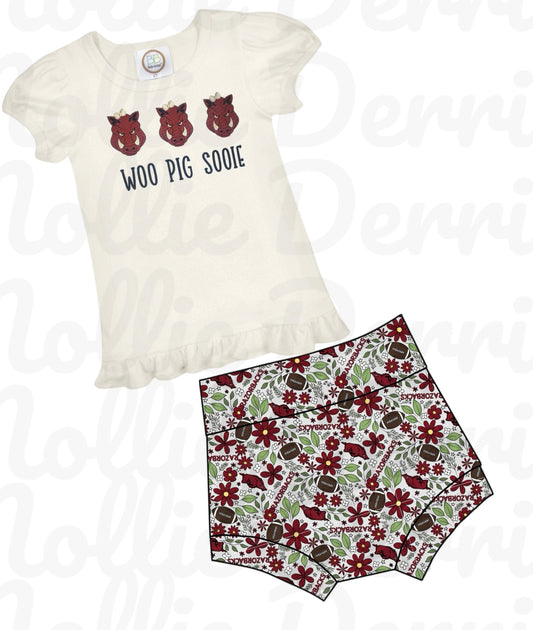 Embroidered Hog Ruffle tee and Bummie set